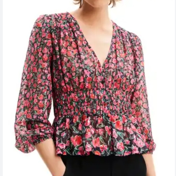 Desigual, New, Floral Plumetis V-Neck Blouson Sleeve Peplum Shirt, Size Large - Picture 1 of 15